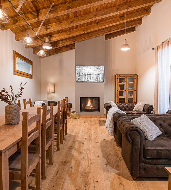 Salón con chimenea, sofá chester y techo de madera - proyecto de arquitectura en Ribera de Navarra